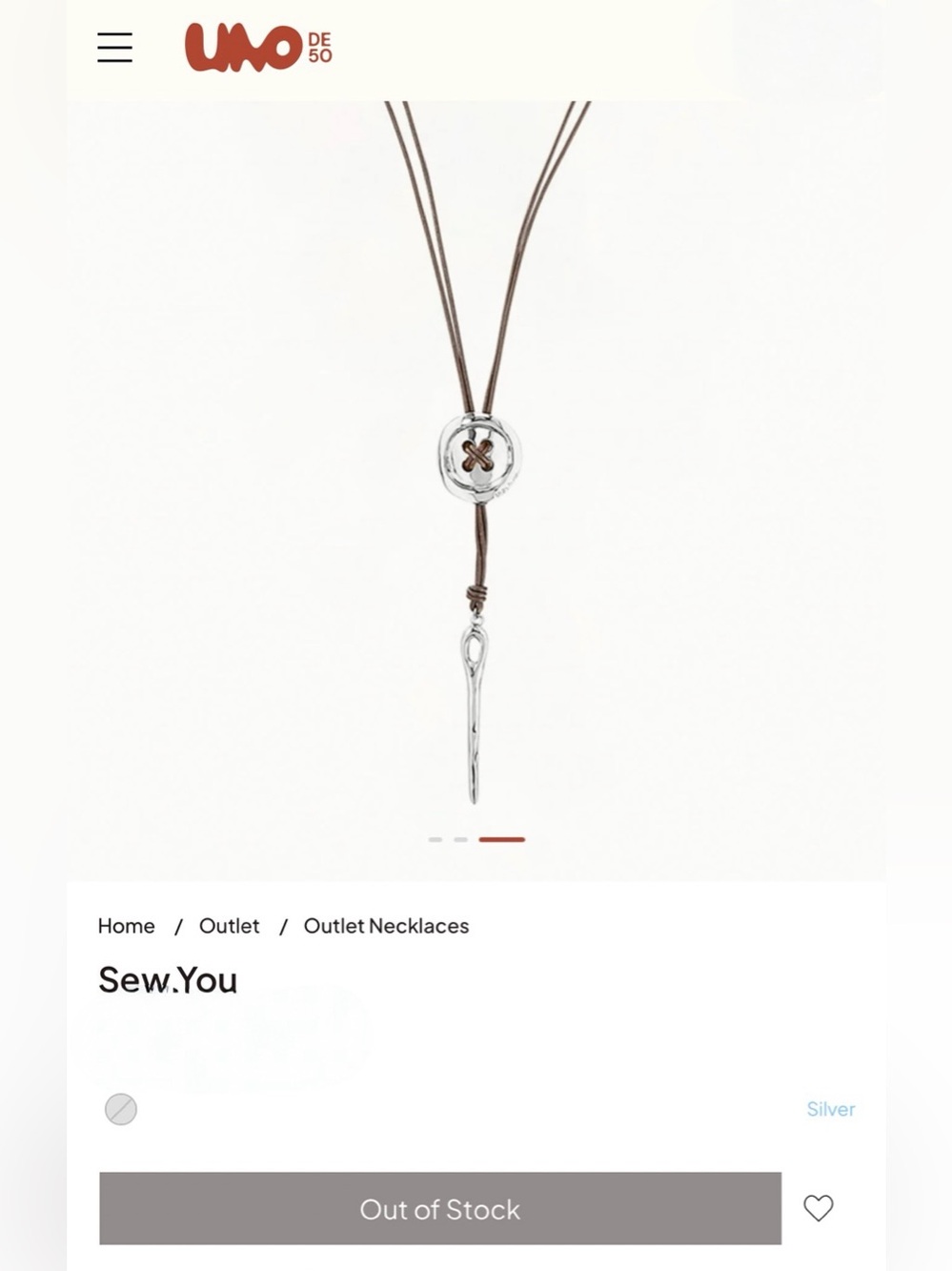 “Sew You” by UNO de 50 Genuine Leather Necklace with Silver Button & Needle - Picture 3 of 11